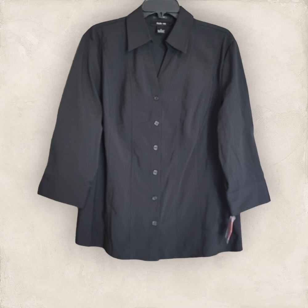 Style&Co Stretch Black Button-Down Quarter Sleeves Office Wear Blouse Size 14
